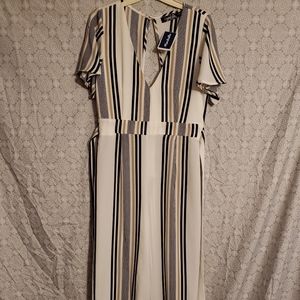 Striped Vneck Belted Wide Leg Jumpsuit